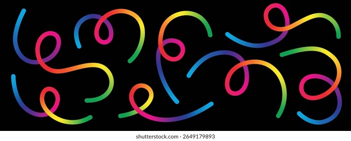 A playful and abstract pattern featuring multiple rainbow-colored swirls on a stark black background. The design conveys fun, energy, and creativity in its simplicity.