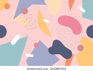 playful abstract pattern featuring pastel circles, triangles, and organic shapes scattered on a soft pink background. modern decor, wallpaper, and creative design projects with a whimsical touch