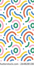 Um padrão divertido e abstrato com um fundo branco adornado com linhas e pontos coloridos e arredondados em laranja, amarelo, azul, verde e rosa, criando um design alegre e extravagante.