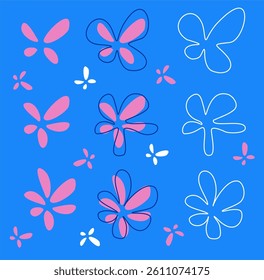 Playful abstract pattern of flowers and butterflies in white line art with pink on blue background. Modern pop art style, great for wall art, textiles, stationery, and digital designs.