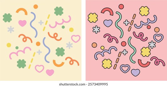 Playful Abstract Pattern Illustration: Hand-Drawn Floral, Heart, and Curved Line Elements for Cute Textile and Stationery Design