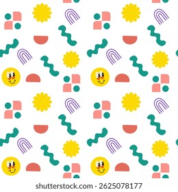 Playful abstract pattern with smiley faces and geometric shapes for cyber monday.
