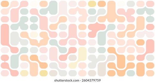 Playful abstract pattern with soft pastel-colored geometric shapes on a white background. A modern, seamless design perfect for wallpapers, textiles, and creative projects.