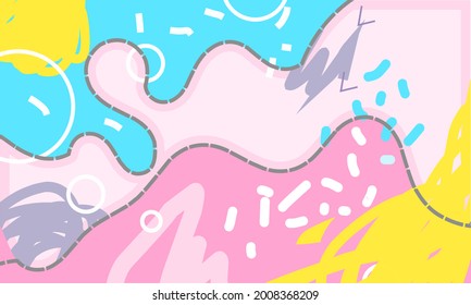 Playful abstract pattern with wavy sections in pastel pink, blue, and yellow. Decorated with various white and gray doodle elements lines art, sprinkles, and circles.