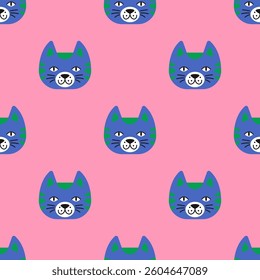 Playful abstract seamless pattern of colorful smiling cat heads. Modern blue kitten on pink background. Vector repeat print perfect for fabrics, gift wrapping paper and cheerful background designs.