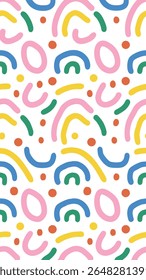 A playful and abstract seamless pattern featuring hand-drawn organic shapes and dots in vibrant colors like pink, blue, yellow, green, and orange on a white background.