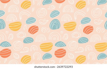 Playful abstract seamless pattern with rainbows and doodles