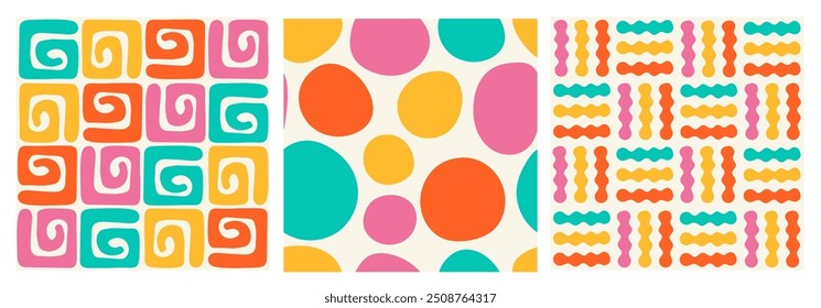 Playful Abstract Seamless Patterns Set. Hand drawn colorful backgrounds collection with geometric shapes and spots. Repeat vector illustration for Birthday Party