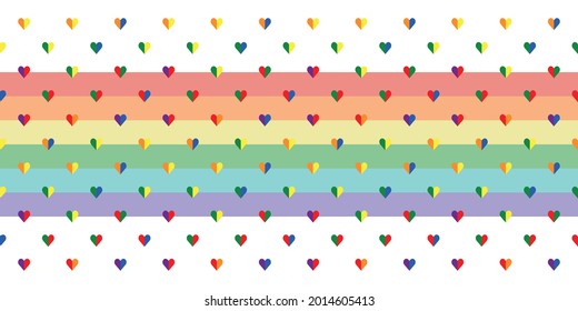 Playful abstract seamless vector pattern Border with little hearts on stripes in bright and pastel rainbow colours. Decorative geometric grid texture for fashion, prints and themed stationery.