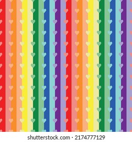 Playful abstract seamless vector pattern with little hearts on stripes in bright and pastel rainbow colours. Decorative geometric grid texture for fashion, prints and themed stationery.