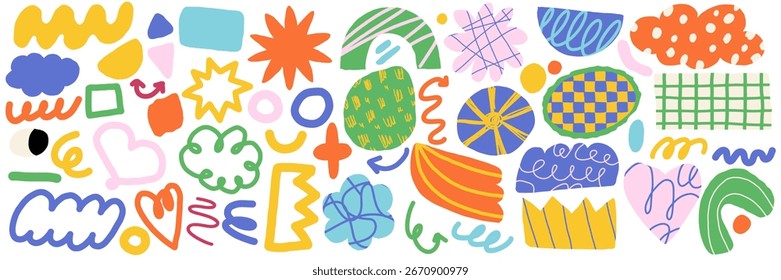 Playful abstract shape with Memphis design elements and organic doodle forms for a fun vector background or graphic sticker. This trendy set features hand-drawn stars, clouds, and happy blobs in a ret