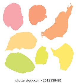 Playful abstract shapes featuring seven irregular organic shapes. Soft pastel color palette. Irregular forms resembling blobs, splatters, or natural outlines. Minimalist visual style.