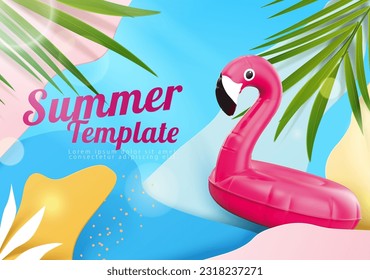 Playful abstract style summer poster template. Vibrant color fluid shape layer background with pink flamingo lilo, tropical leaves, and bokeh effect