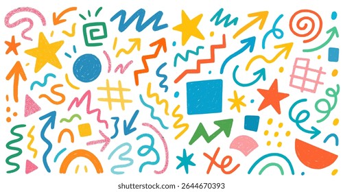 Playful abstract vector illustration featuring colorful hand-drawn doodles, including stars, arrows, geometric shapes, and expressive lines