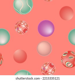 Playful abstract vector seamless pattern with 3d balls and gradients. Dynamic 3d geometric shapes in vivid poppy red, violet and mint green colors