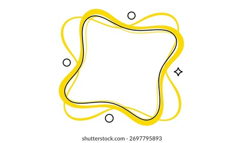 A playful, abstract yellow blob shape with black outline and small decorative elements.