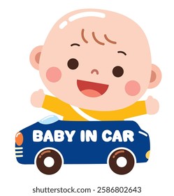 A playful and adorable cartoon illustration of a smiling baby riding in a small blue toy car with the words "BABY IN CAR" written on it.