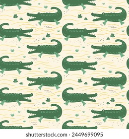 Playful adorable crocodile in this charming seamless pattern. Vibrant colors of green hues and cartoon design make it perfect for kids decorations and textile creations.