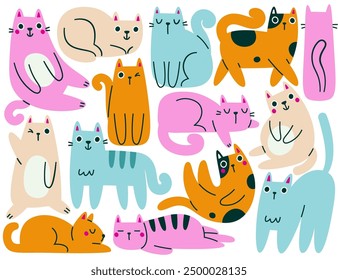 Gatos peludos adorables juguetones personajes infantiles juntos que muestran diferentes emociones y reacciones. Lindo gatito mascota animal doméstico doodle arte dibujado a mano diseño. Ilustración vectorial de mascota felina