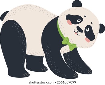 Playful and adorable panda bear wearing a stylish green bow tie is stretching its paws, showcasing its charming personality and adding a touch of elegance to its natural grace