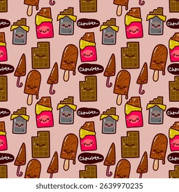 Playful and adorable seamless pattern of chocolate bars, ice cream, and sweets happily interacting. Ideal for packaging, wallpapers, textiles, and cheerful designs with a dessert and fun theme.
