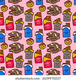 Playful and adorable seamless pattern of chocolate bars, ice cream, and sweets happily interacting. Ideal for packaging, wallpapers, textiles, and cheerful designs with a dessert and fun theme.