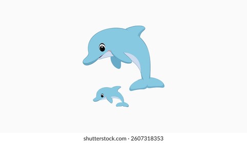 playful adult and baby dolphin leaping in the ocean