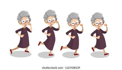 Playful aged woman wearing glasses running. Grey haired funny granny animation set. Cute smiling elderly woman having fun personage. Active lifestyle at retirement isolated vector illustration