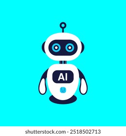 Um mascote de robô de IA brincalhão com um design minimalista, com um esquema de cores branco e azul. Perfeito para projetos relacionados a inteligência artificial, robótica e temas de tecnologia futura.