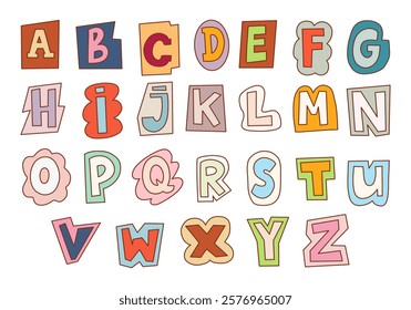 Playful Alphabet Icon Whimsical Shapes. A creative collection of alphabet icons featuring bold colors and whimsical shapes, perfect for educational, decorative, and artistic projects