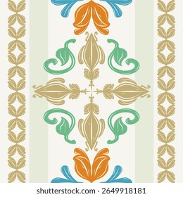 Playful Amalfi Baroque Filigree Foliage Scroll Ornament Exquisite Style Orange Blue Green Gold on White Background. Classy Glamorous Seamless Border Pattern Illustration for Handicraft Neck Tiles Rug 