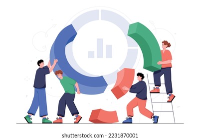 Playful analytics concept. Men and women collect graphs and dimagrams, create infographics. Marketing research and work with statistics. Poster or banner for website. Cartoon flat vector illustration