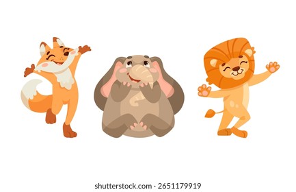 Playful Animal Characters A Fox, an Elephant, and a Lion Joyfully Dancing Together in Harmony