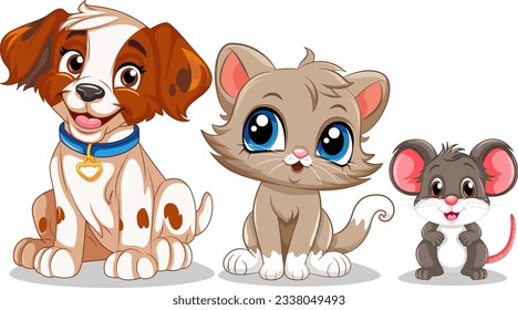 Playful Animal Friends with Cute Cartoon Dog, Cat and Mouse illustration