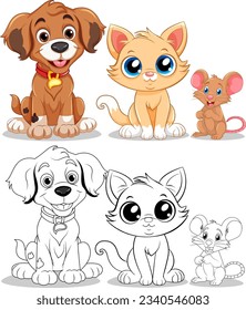 Playful Animal Friends with Cute Cartoon Dog, Cat and Mouse illustration