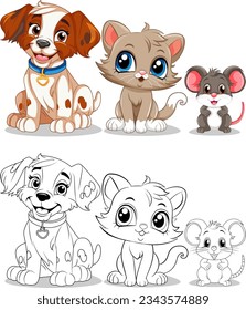Playful Animal Friends with Cute Cartoon Dog, Cat and Mouse illustration