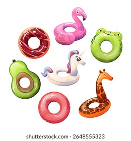 A playful animal-themed composition featuring a variety of uniquely designed float rings, including a flamingo, unicorn, frog, giraffe, avocado, donut, and a classic pink ring.