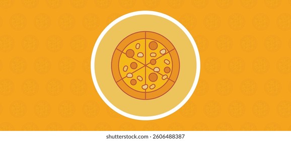 A playful and appetizing illustration of a pizza, divided into six equal slices
