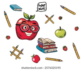 Playful Apple and Book Set for a Fun and Creative Back-to-School Learning Experience Theme Vector illustration