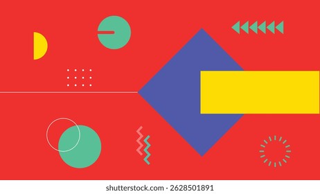 A playful arrangement of circles, lines, arrows, and squares in vibrant tones on red. Ideal for motion and creative backgrounds.