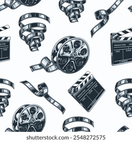 A playful arrangement of film reels and clapperboards showcases classic cinema motifs. This artistic design highlights the dynamics of filmmaking with a vintage touch.