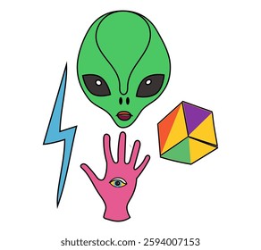 A playful arrangement of a green alien, a mystical hand with an eye, and geometric shapes pops with color.