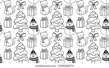 A playful arrangement showcases cats, snowmen, and Christmas trees amidst festive gifts