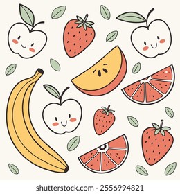 A playful arrangement of smiling fruits like apples, strawberries, and bananas.
