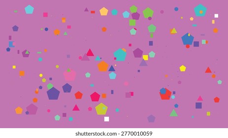 A playful arrangement of various colored polygons and dots spread across a bright, uniform backdrop.