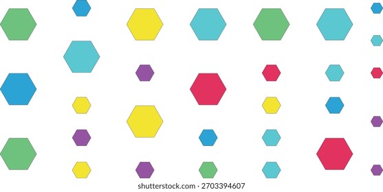 Um arranjo divertido de hexágonos vibrantes e pequenos círculos em várias cores, criando um padrão dinâmico e abstrato em uma superfície branca limpa.