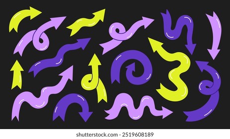 Playful Arrow Set. Trendy curvy bending direction pointers collection. Abstract wavy flowing shapes. Motion infographic. Y2K aesthetic. Vector illustration