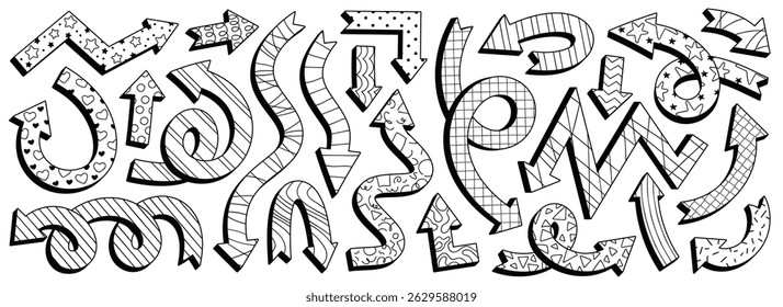 Spielerische Pfeile mit abstrakten Mustern, funky gebogene Pfeilzeiger. Verschiedene Formen Comic-Stil Pfeilzeichen mit handgezeichneten Texturen, groovig fette dynamische Zeiger, Richtung Design Elemente Vektorsatz