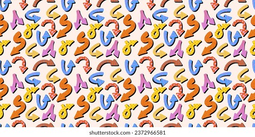 Playful arrows seamless pattern in trendy retro memphis style with vector texture. Dynamic arrow signs for design.