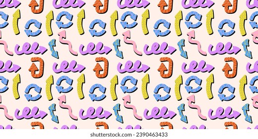 Playful arrows seamless pattern in trendy retro memphis style with vector texture. Dynamic arrow signs for design.